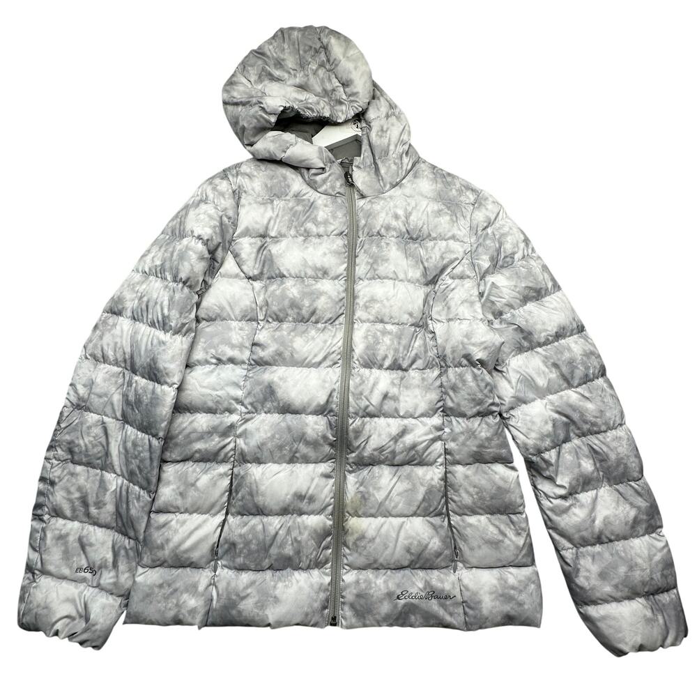 Eddie Bauer EB650 CirrusLite Down Hooded Puffer Jacket Womens Small Gray Cloud